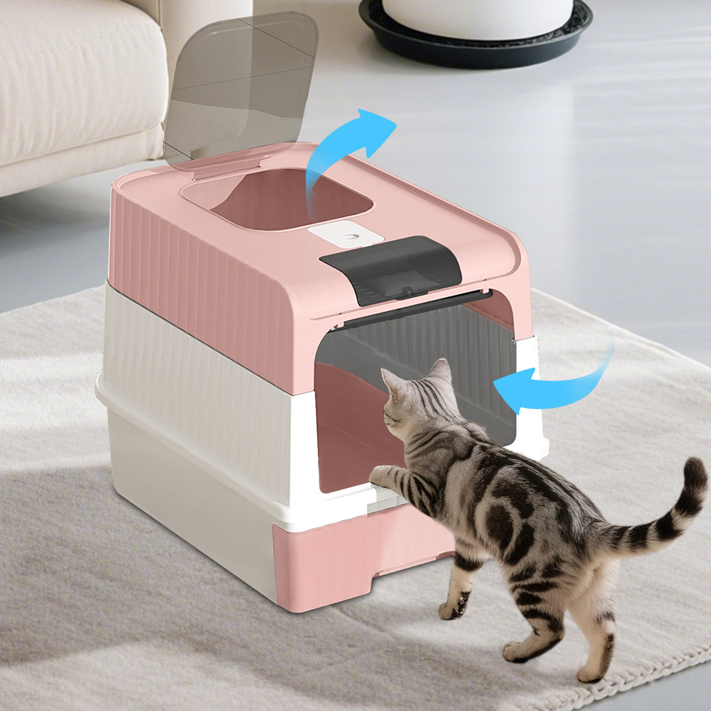 Enclosed Cat Litter Box with Drawer & Scoop, Covered Kitty Litter Box with Viewing Window & Deodorizer, Easy to Clean, for Medium Cats, Pink