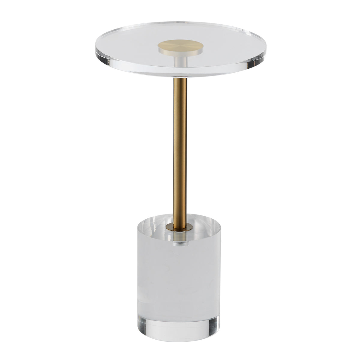 AEELLEEA Clear Acrylic End Table, 11.9 in Round Side Table with Gold Metal Accent, 21.4 in Tall, for Living Room & Bedroom