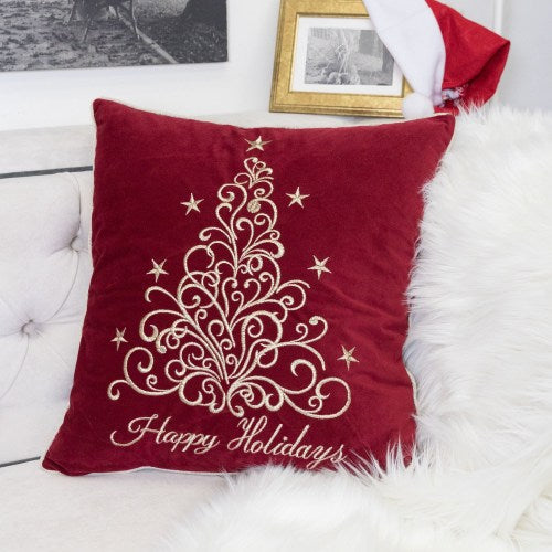 AEELLEEA Happy Holidays Embroidered Velvet Throw Pillow, 20x20in Square Cushion with Gold Tree & Star Embroidery, Soft Plush Insert Included for Holiday Home Decor