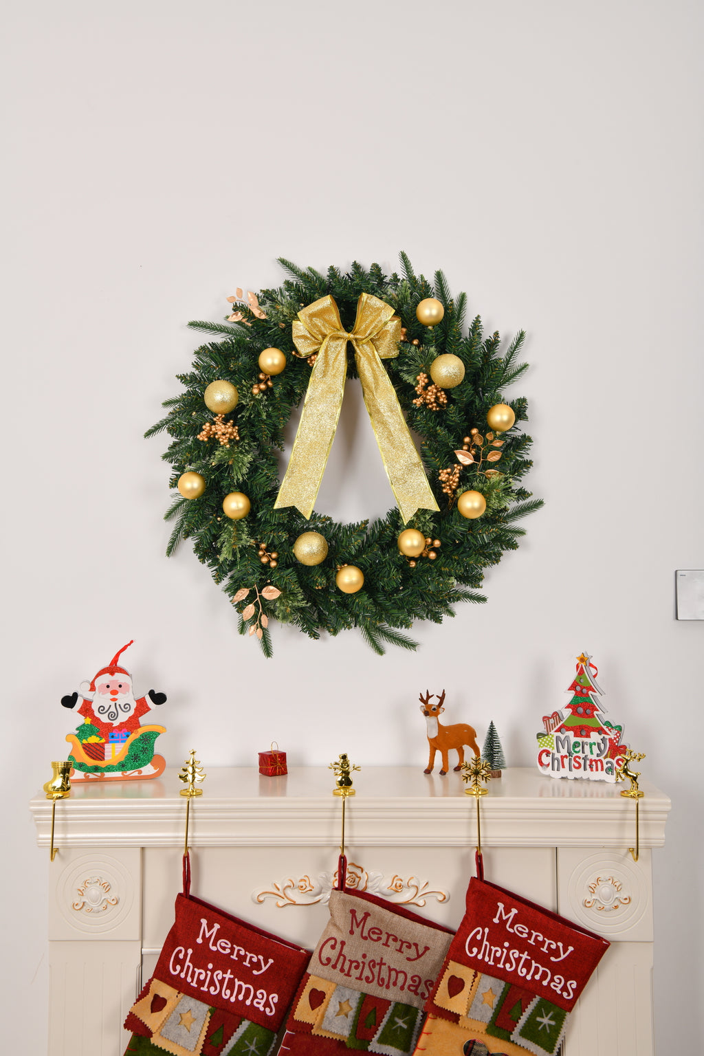 AEELLEEA-24in Pre-lit Artificial Christmas Wreath with Remote, 50 Warm LED Lights, 120 PVC Tips & Ornaments for Front Door, Gate & Wall Holiday Decor
