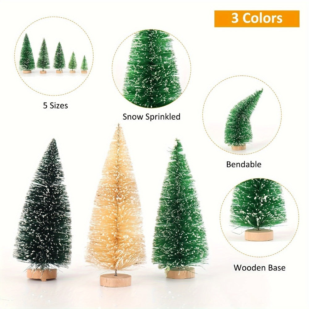 15 Pcs Mini Christmas Trees Decorations, Assorted Flocked Pine Trees with Wooden Base, Snow-Sprinkled Tabletop Ornaments for Party, Table, Gift Box