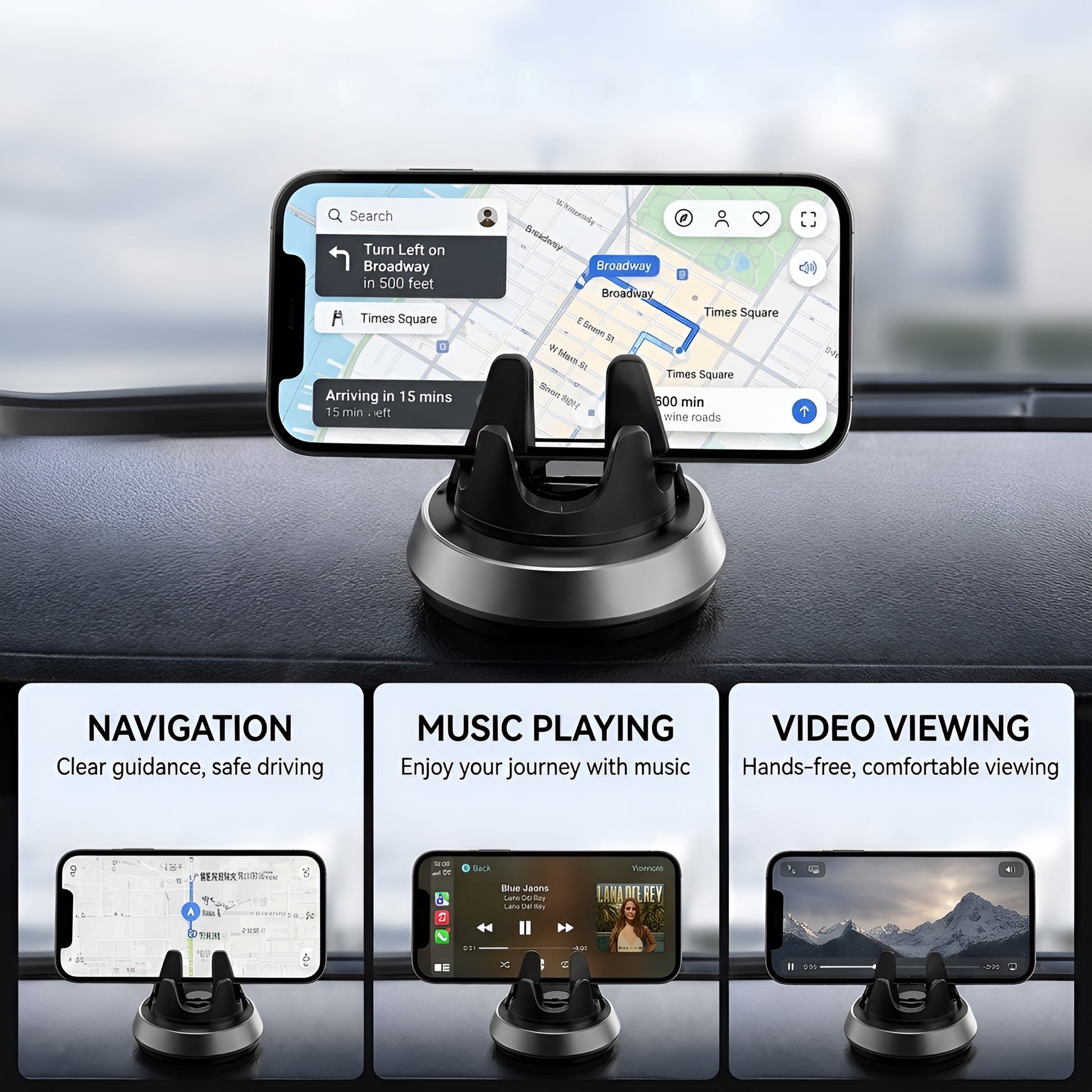 Dashboard Phone Holder for Car, 360 Degree Rotation Car Phone Mount, Cell Phone Holder Car Dashboard Mount, Car Phone Stand Compatible with iPhone 17/16/15/14/13/12 Pro Max, Samsung and Android