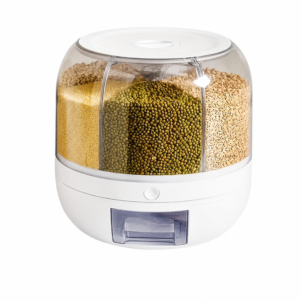 Rotating Rice Dispenser, 6-Grid Cereal Dispenser and Grain Storage Bin, One-Click Dispensing Food Storage Container, Airtight Moisture-Proof Organizer, Small