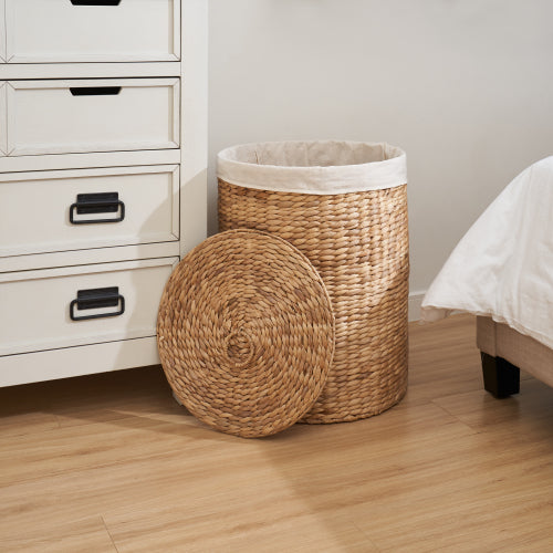 AEELLEEA 15 x 20 Inch Round Woven Water Hyacinth Laundry Hamper with Lid & Removable Liner, Decorative Storage Basket for Bedroom