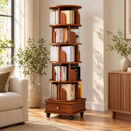 AEELLEEA 6-Tier 360° Rotating Bookshelf with Wheels & Storage Drawer, Wood Corner Bookcase Organizer for Bedroom Living Room Study, Walnut Brown