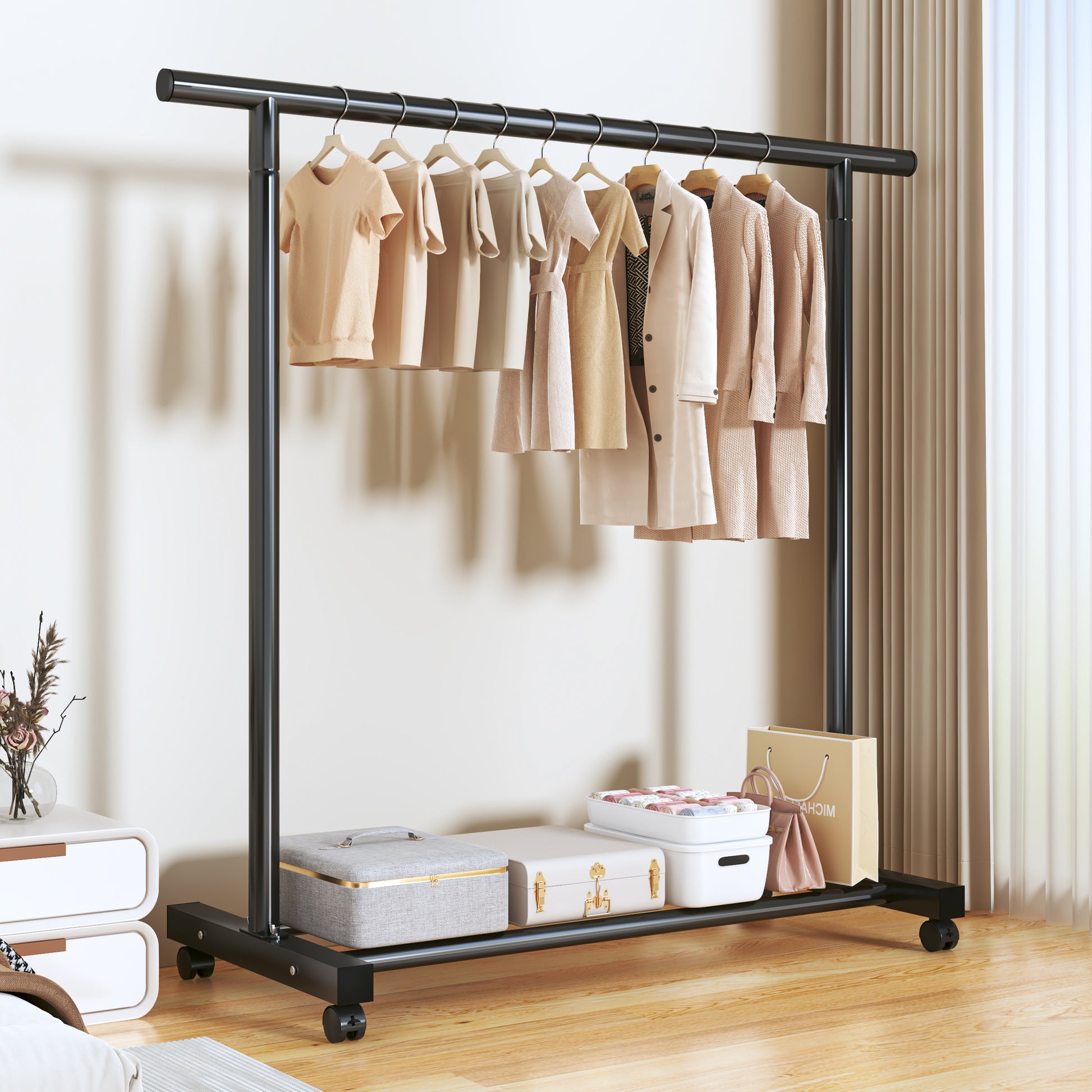 Coat Rack,Dress Up Storage, Freestanding Garment Organizer with Top Rod and Storage Bottom Shelf Space-Saving for Bedroom Home
