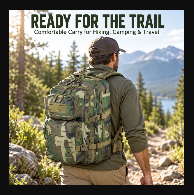 40L Tactical Military Backpack, MOLLE Laser-Cut Webbing Rucksack for Hiking, Camping, Hunting, Travel, 18"x11"x11"