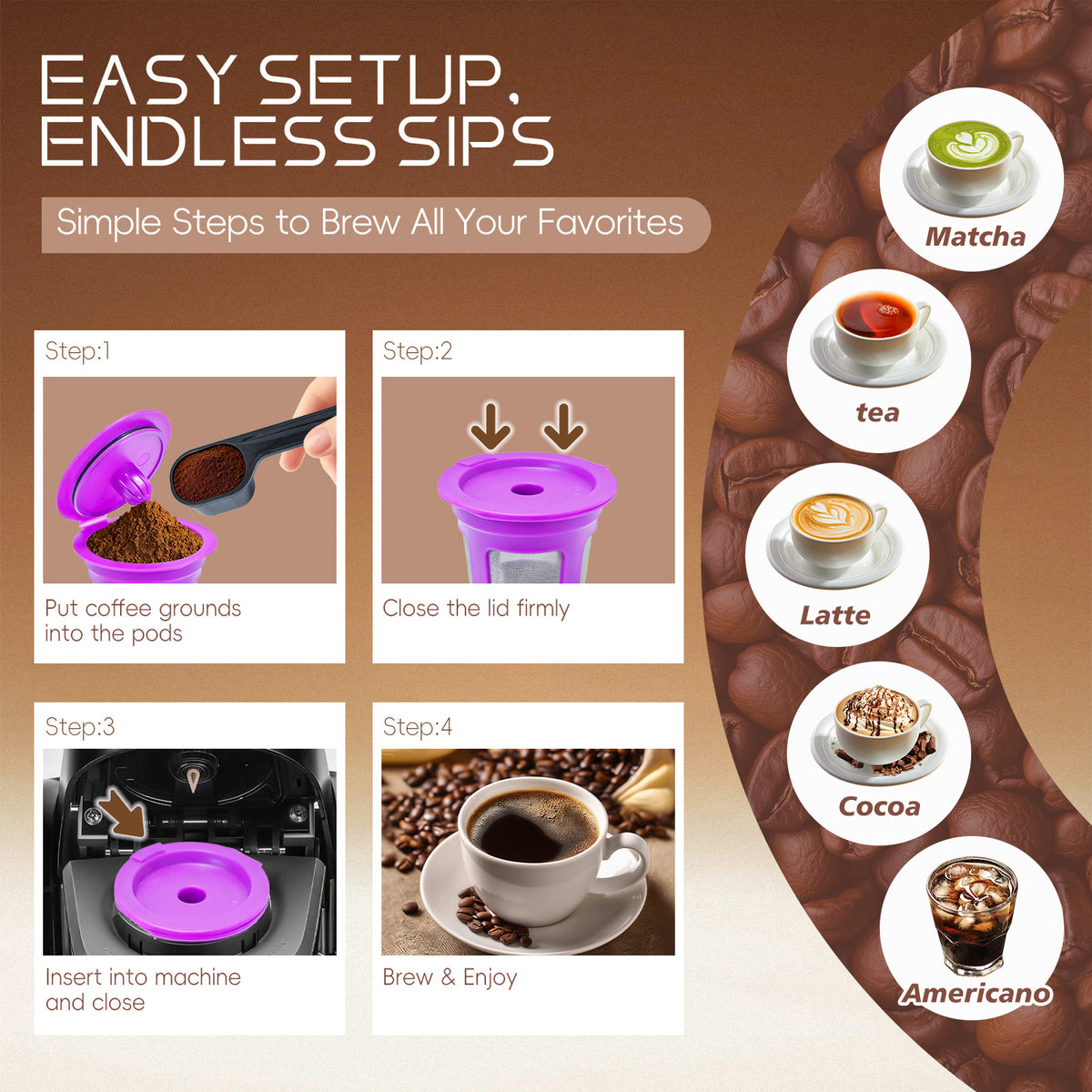 AEELLEEA 4 Pack Reusable Refillable Coffee Pods, Stainless Steel Mesh Filters with Scoop Brush & Box for 1-Prong Coffee Makers