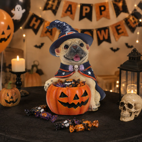 AEELLEEA Halloween French Bulldog Witch Puppy Figurine, Dog Statue with Pumpkin Candy Bowl, Tabletop Holiday Storage Decor