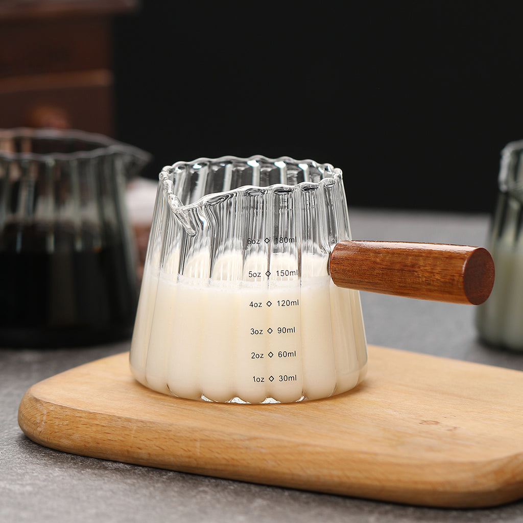 6 oz Glass Measuring Pitcher with Wooden Handle, Clear Espresso Coffee Server with Pour Spout and Measurement Marks