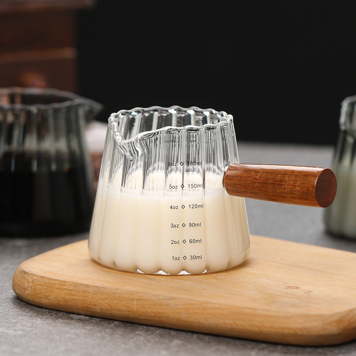 6 oz Glass Measuring Pitcher with Wooden Handle, Clear Espresso Coffee Server with Pour Spout and Measurement Marks