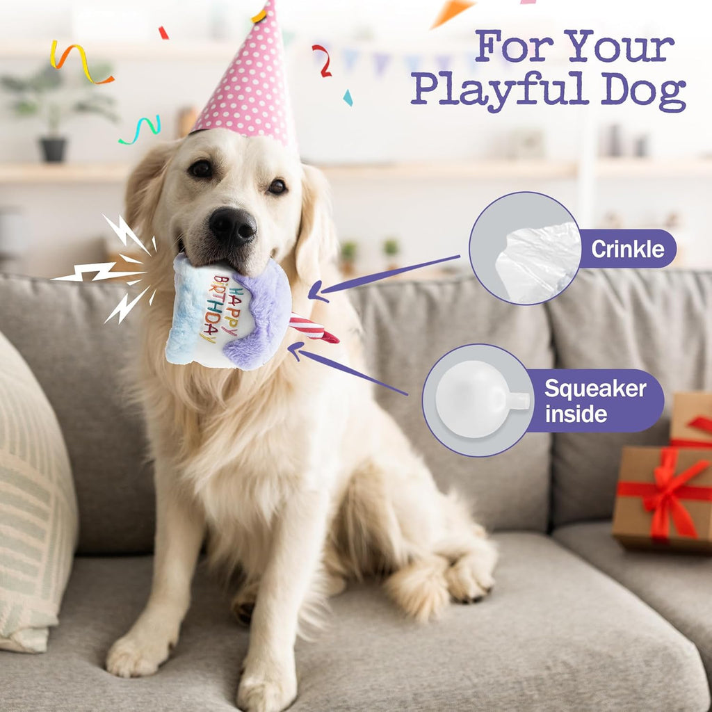 Dog Happy Birthday Cake Toy with Squeaker and Crinkle, Stuffed Plush Puppy Present for Birthday Party, Dog Toy for Small Medium