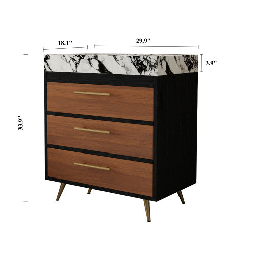 Black Walnut Bathroom Vanity with Sink, Freestanding 3-Drawer Cabinet with Marble Top Gold Legs, Modern Lavatory Console for Bathroom