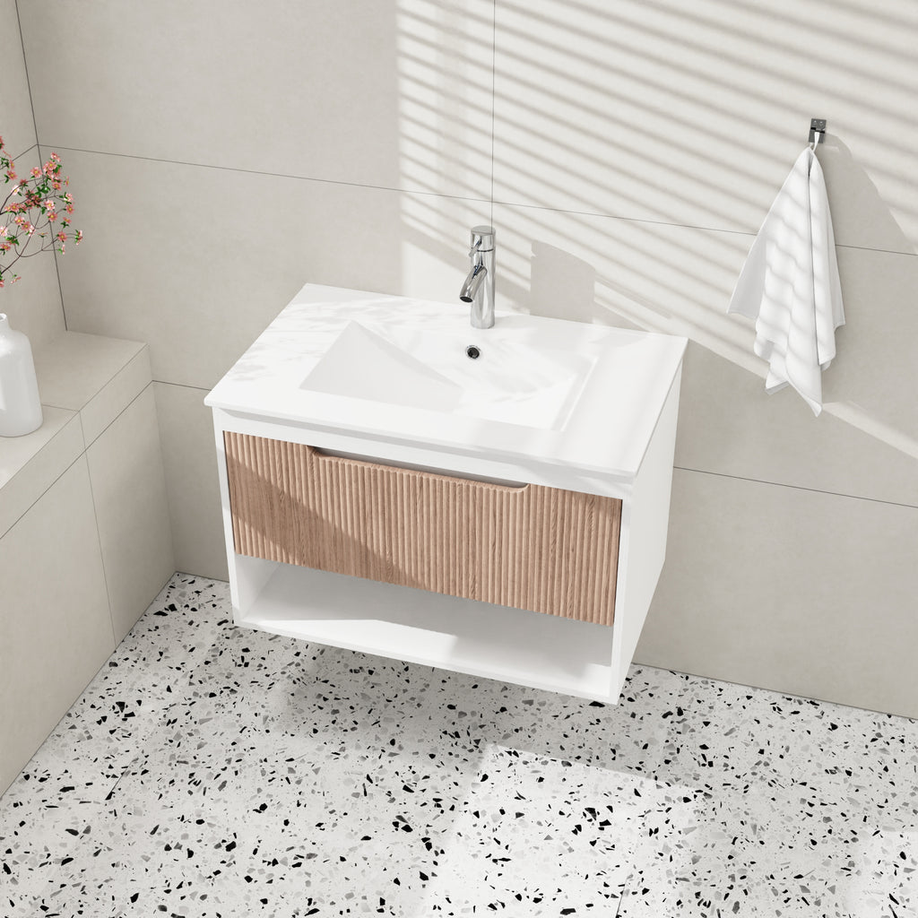 AEELLEEA 30" Floating Bathroom Vanity, Fluted Oak Drawer, White Ceramic Sink, Wall Mount Bath Cabinet