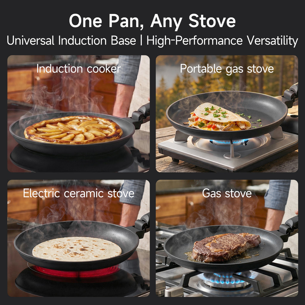 9.5 Inch Nonstick Crepe Pan with Detachable Handle, Titanium Pancake Pan, Flat Tawa Dosa Tortilla Pan, Induction Compatible, Oven Safe, Dishwasher Safe, PTFE & PFOA Free