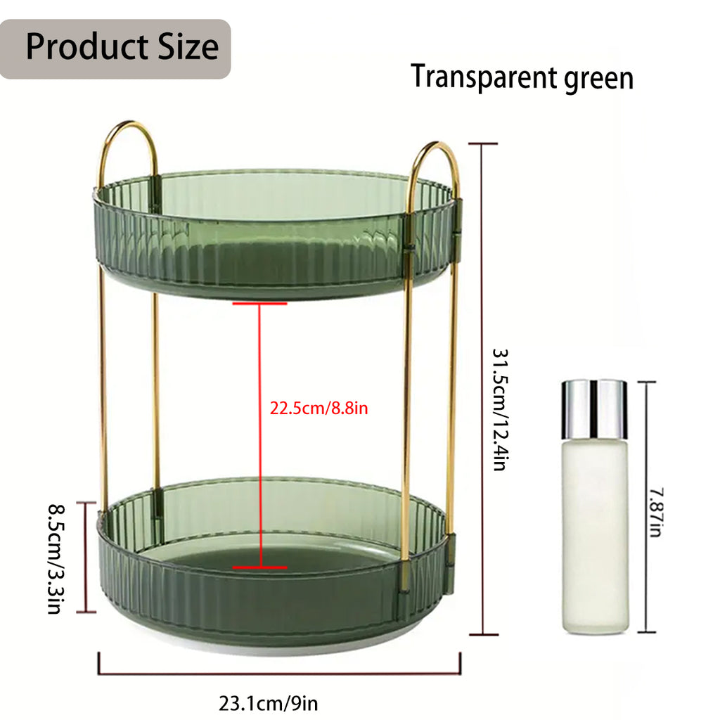 360° Rotating Makeup Organizer, 2-Tier Vanity Organizer for Skincare and Cosmetics, Spinning Perfume Holder, Bathroom Counter Storage, Green