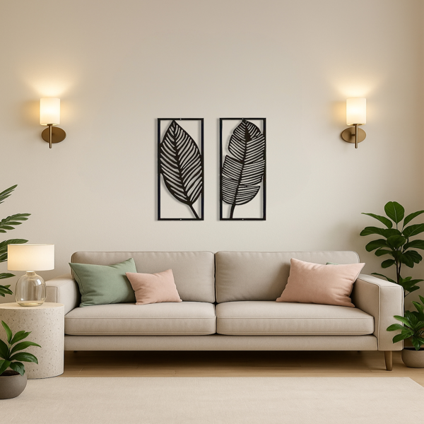 2 Pcs Black Metal Leaf Wall Art, Tropical Palm Leaf Wall Decor Hollow Out Metal Wall Sculpture for Living Room Bedroom Home Decoration