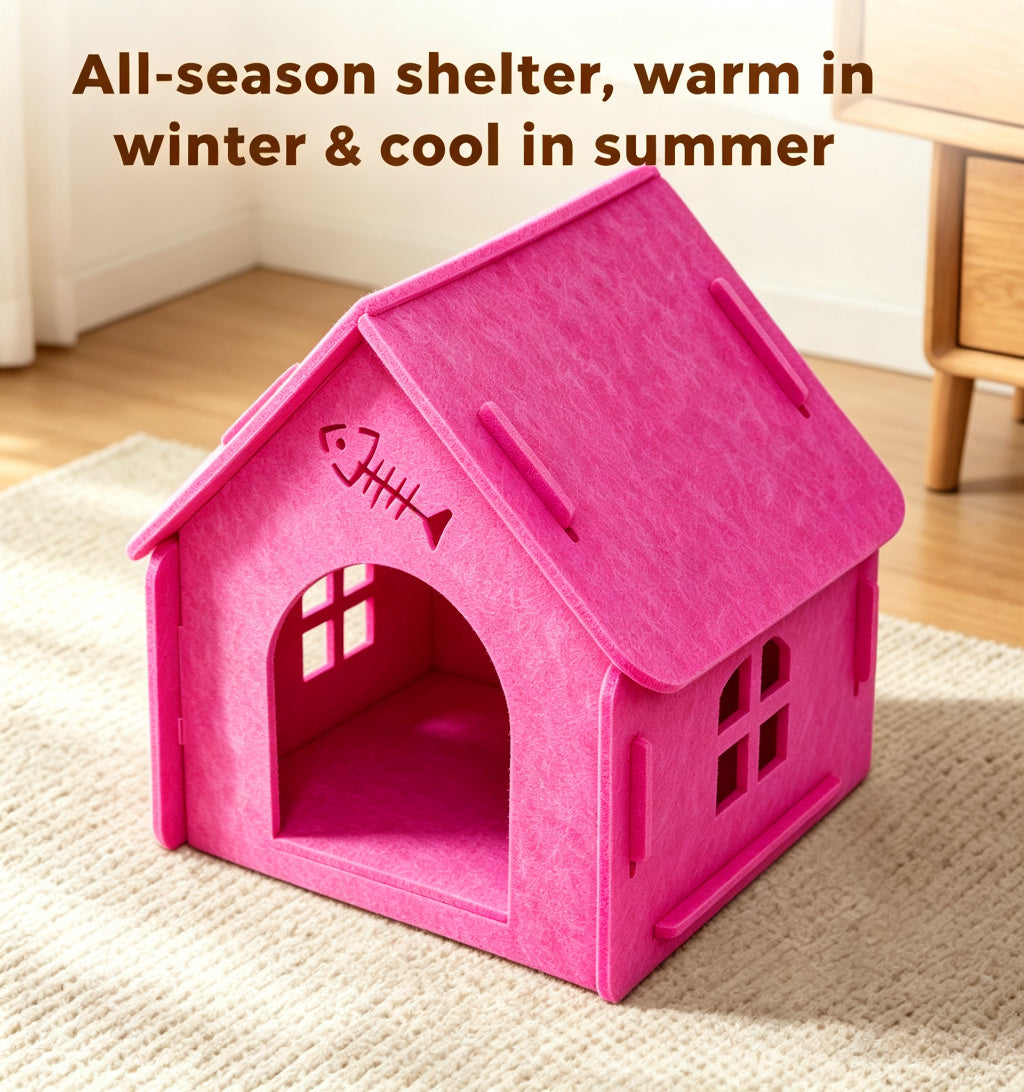 Pink Cat House Bed, Felt Cat Cave Hideaway with Wide Arched Entrance, Cozy Cat Shelter for Indoor Cats Large Cats Multi-Cat Homes, Easy Assembly