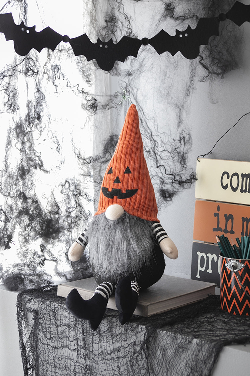 Halloween Gnome Decor, 23.5 Inch Fabric Sitting Plush Gnome with Orange Pumpkin Knit Hat, Black Striped Legs Farmhouse Tabletop Ornament for Holiday Home Party Decoration