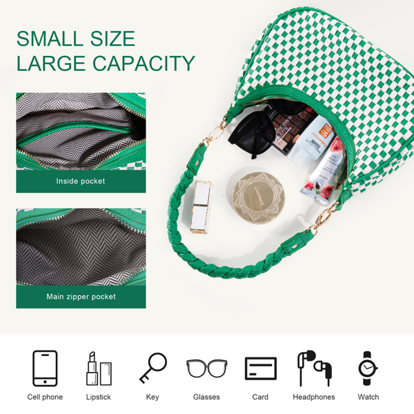 Checkered Shoulder Bag for Women, Y2K Hobo Crescent Purse with Braided Strap, Small Green White Armpit Bag Trendy Fashion Handbag