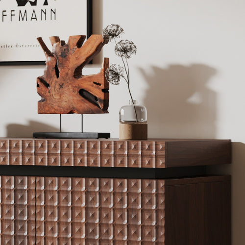AEELLEEA Modern Walnut Brown Sideboard Buffet Cabinet with 4 Doors, 3D Geometric Textured Storage Cabinet for Dining Room