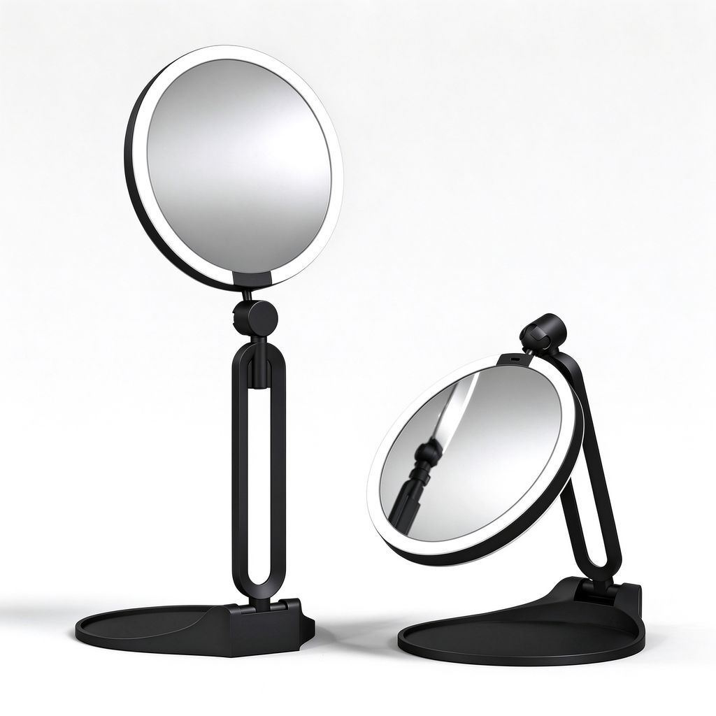 AEELLEEA Lighted Makeup Mirror, 1X/30X Double Sided Vanity Mirror, 3 Color Lights, Foldable 360° Rotatable Tabletop Mirror, Black