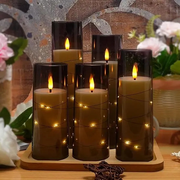 Aeelleea 5 Pack Flameless LED Pillar Candles, Battery Operated with Timer, Gray Acrylic Shell, Flickering Flame for Home Romantic Decor