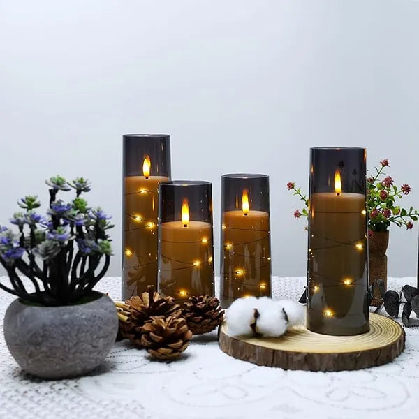 Aeelleea 5 Pack Flameless LED Pillar Candles, Battery Operated with Timer, Gray Acrylic Shell, Flickering Flame for Home Romantic Decor
