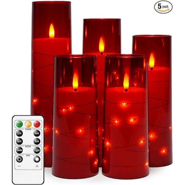 Aeelleea 5Pcs Red Flameless LED Candles with Remote Timer, Flickering Battery Operated Acrylic Pillar Candles for Home Wedding Holiday Decor