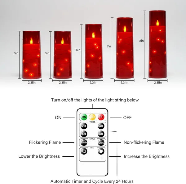 Aeelleea 5Pcs Red Flameless LED Candles with Remote Timer, Flickering Battery Operated Acrylic Pillar Candles for Home Wedding Holiday Decor