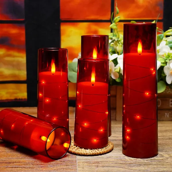 Aeelleea 5Pcs Red Flameless LED Candles with Remote Timer, Flickering Battery Operated Acrylic Pillar Candles for Home Wedding Holiday Decor