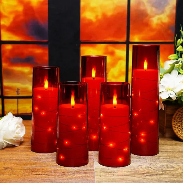 Aeelleea 5Pcs Red Flameless LED Candles with Remote Timer, Flickering Battery Operated Acrylic Pillar Candles for Home Wedding Holiday Decor