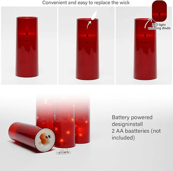 Aeelleea 5Pcs Red Flameless LED Candles with Remote Timer, Flickering Battery Operated Acrylic Pillar Candles for Home Wedding Holiday Decor