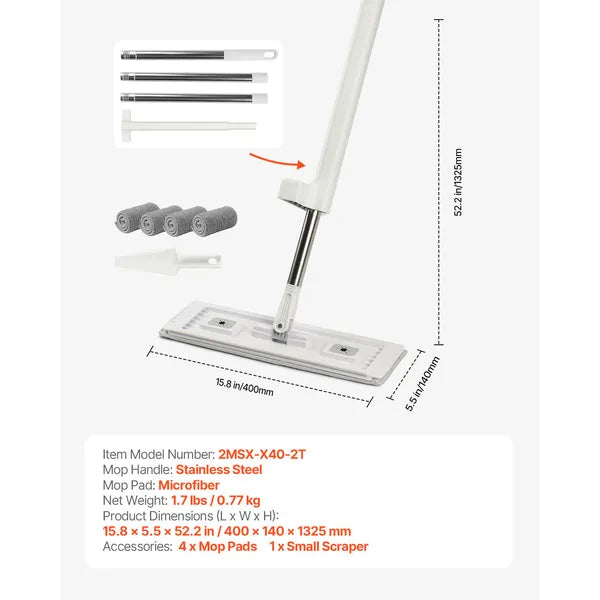 Self-Wringing Flat Mop, Microfiber Floor Mop with 4 Reusable Washable Mop Pads for Hardwood Tile Laminate Floors