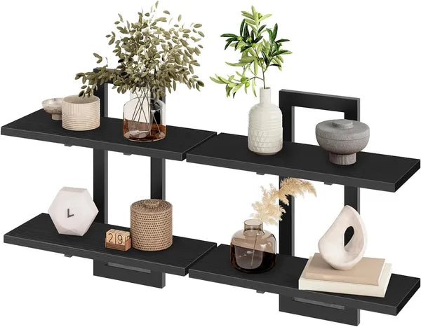 Aeelleea 2-Tier Floating Wall Mounted Shelves, 29.9×5.3×15.7in All Black Composite Wood Display Storage Rack for Home Decor