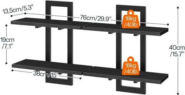 Aeelleea 2-Tier Floating Wall Mounted Shelves, 29.9×5.3×15.7in All Black Composite Wood Display Storage Rack for Home Decor