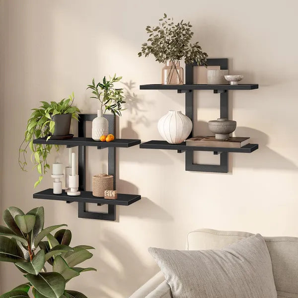 Aeelleea 2-Tier Floating Wall Mounted Shelves, 29.9×5.3×15.7in All Black Composite Wood Display Storage Rack for Home Decor