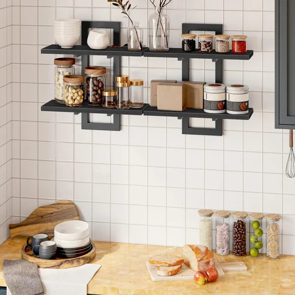 Aeelleea 2-Tier Floating Wall Mounted Shelves, 29.9×5.3×15.7in All Black Composite Wood Display Storage Rack for Home Decor