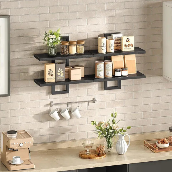 Aeelleea 2-Tier Floating Wall Mounted Shelves, 29.9×5.3×15.7in All Black Composite Wood Display Storage Rack for Home Decor