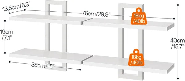 Aeelleea 2-Tier Floating Wall Mounted Shelves, 29.9×5.3×15.7in All White Wood Frame Display Storage Rack For Bedroom Living Room