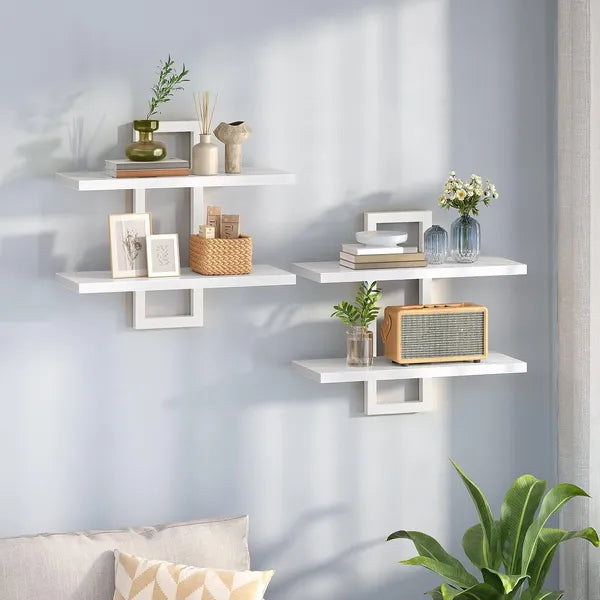 Aeelleea 2-Tier Floating Wall Mounted Shelves, 29.9×5.3×15.7in All White Wood Frame Display Storage Rack For Bedroom Living Room