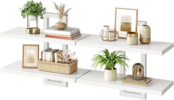 Aeelleea 2-Tier Floating Wall Mounted Shelves, 29.9×5.3×15.7in All White Wood Frame Display Storage Rack For Bedroom Living Room