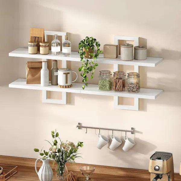Aeelleea 2-Tier Floating Wall Mounted Shelves, 29.9×5.3×15.7in All White Wood Frame Display Storage Rack For Bedroom Living Room
