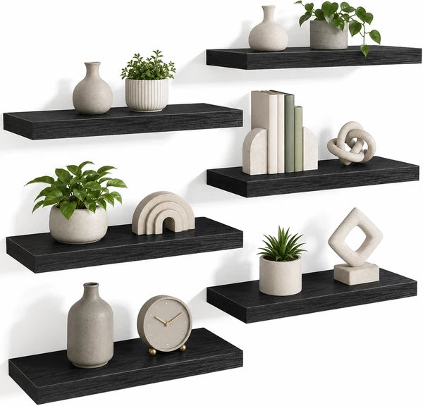 Set of 6 Black Floating Wall Shelves with Metal Brackets, 15.7" Wood Grain Shelves for Bedroom, Living Room, Bathroom & Office