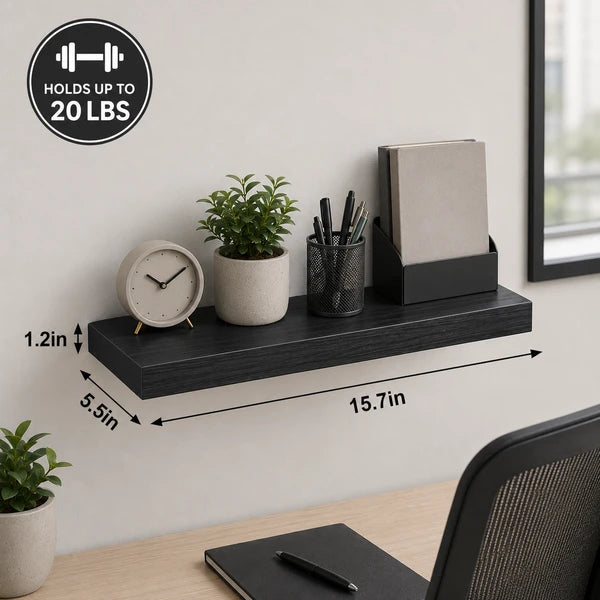 Set of 6 Black Floating Wall Shelves with Metal Brackets, 15.7" Wood Grain Shelves for Bedroom, Living Room, Bathroom & Office
