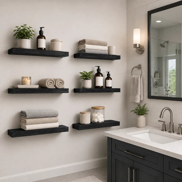 Set of 6 Black Floating Wall Shelves with Metal Brackets, 15.7" Wood Grain Shelves for Bedroom, Living Room, Bathroom & Office