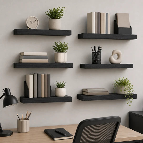 Set of 6 Black Floating Wall Shelves with Metal Brackets, 15.7" Wood Grain Shelves for Bedroom, Living Room, Bathroom & Office