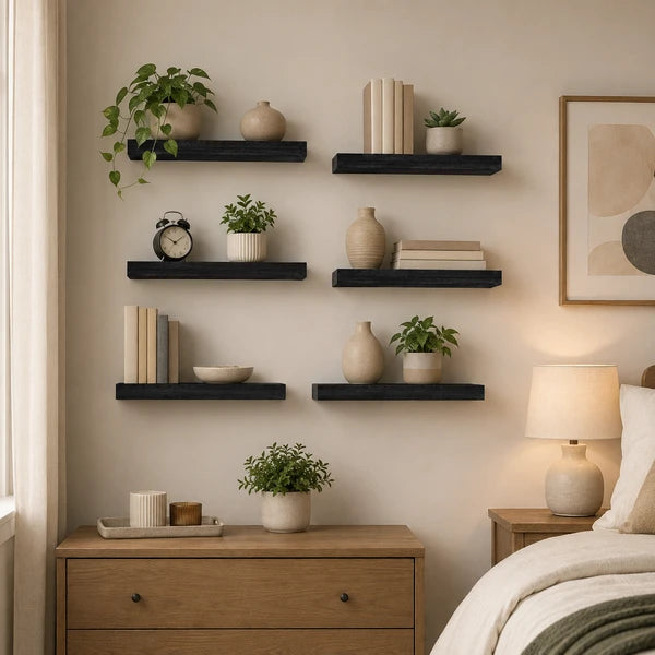 Set of 6 Black Floating Wall Shelves with Metal Brackets, 15.7" Wood Grain Shelves for Bedroom, Living Room, Bathroom & Office