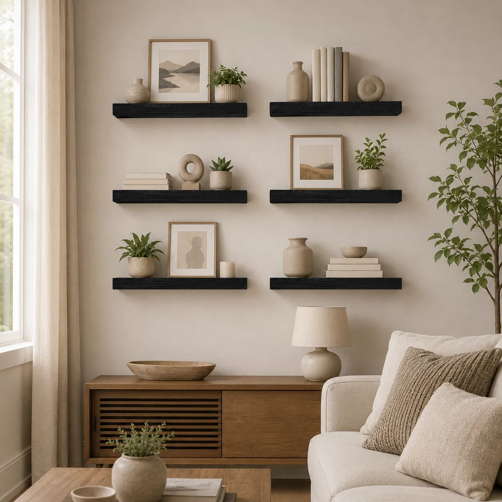 Set of 6 Black Floating Wall Shelves with Metal Brackets, 15.7" Wood Grain Shelves for Bedroom, Living Room, Bathroom & Office