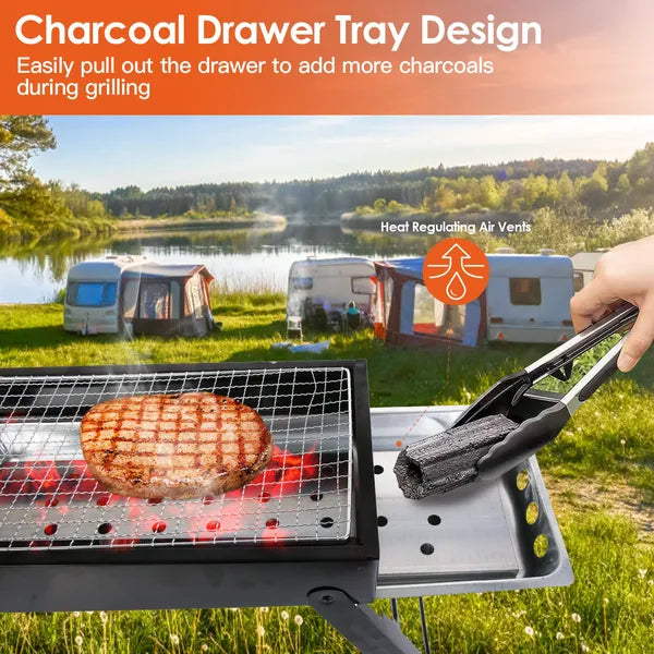 Aeelleea Foldable Charcoal BBQ Grill, Stainless Steel Portable Tabletop Barbecue for Camping Picnic Backyard